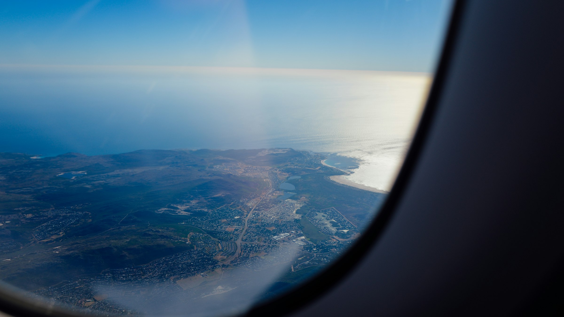 West African coastline viewed from an airplane window