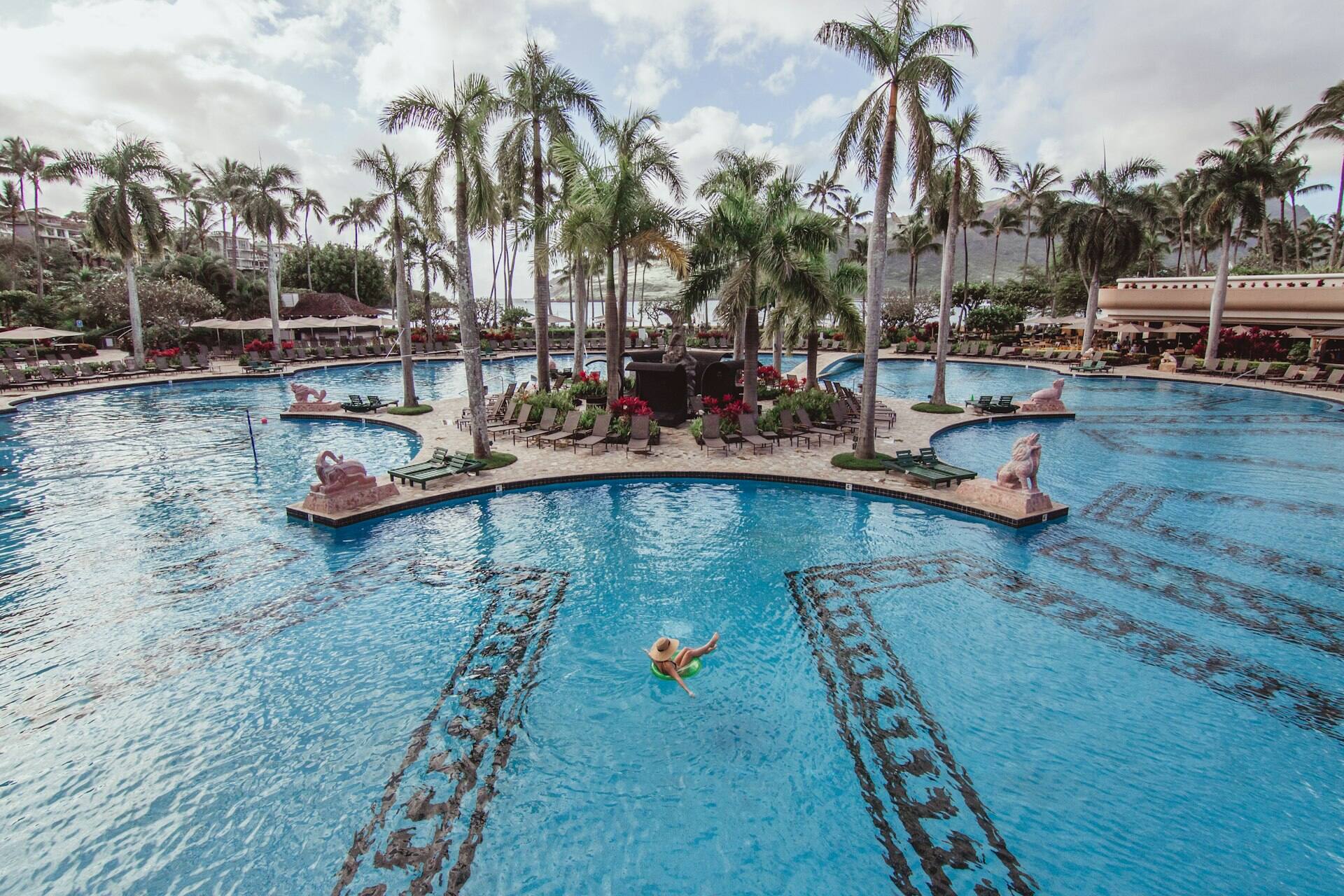 Resort pool framed by palm trees